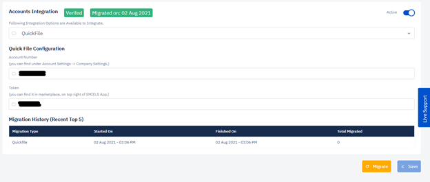 Smiels account Integration settings - verified