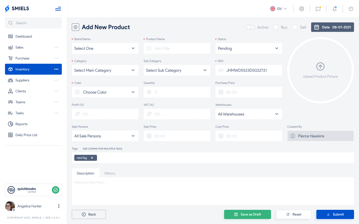 add product inventory, smiels screen